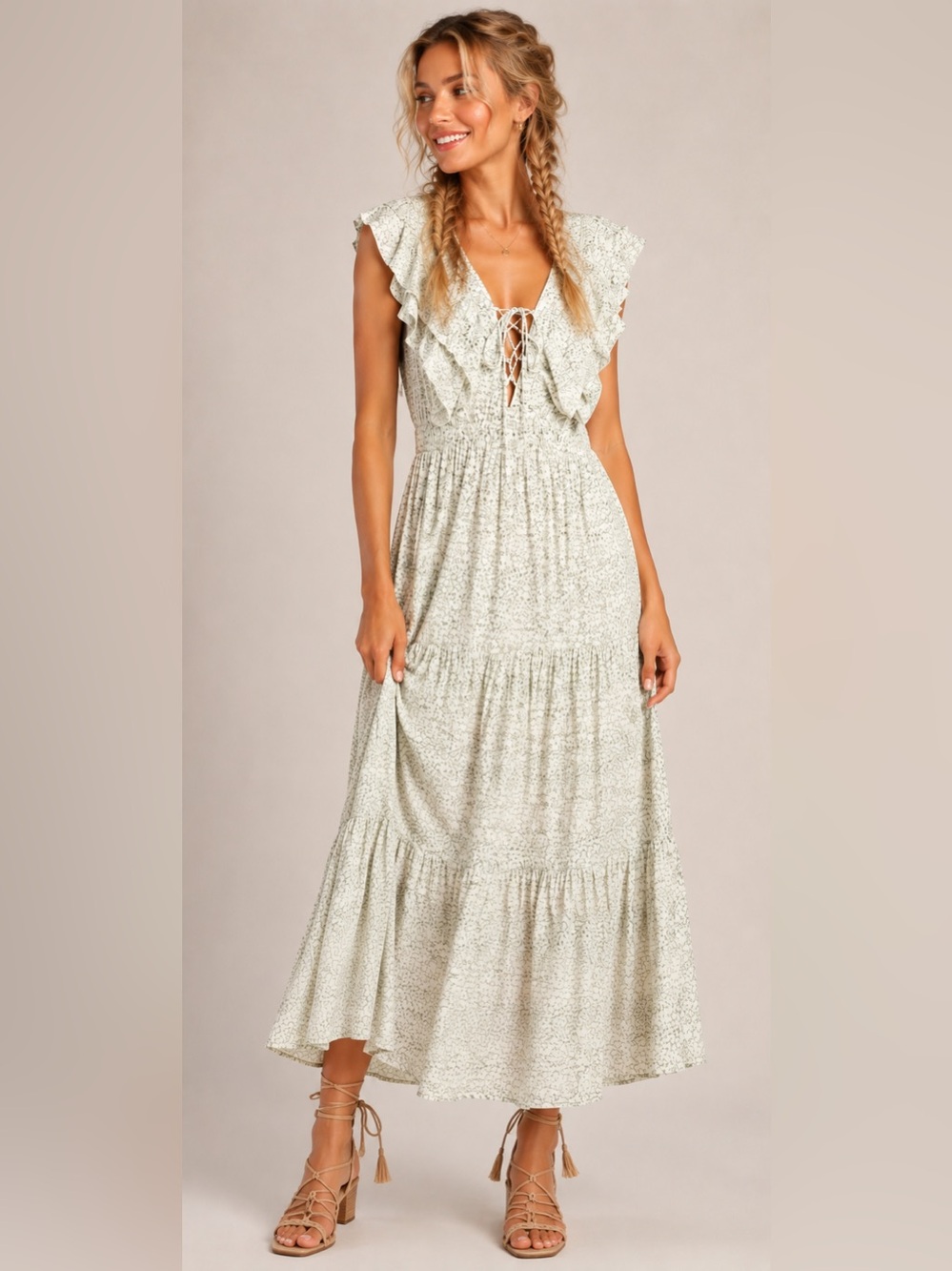 Lulus Romance In Bloom Floral Tiered Midi Dress M Cream Sage Cottagecore
